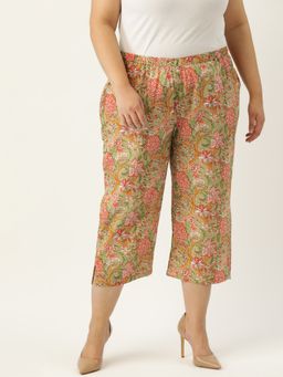theRebelinme - Plus Size Women Green Floral Print Cotton Capri