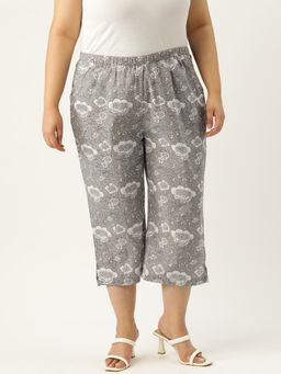 theRebelinme - Plus Size Women Grey Monotone Floral Print Cotton Capri