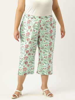 theRebelinme - Plus Size Women Sea Green Floral Print Cotton Capri