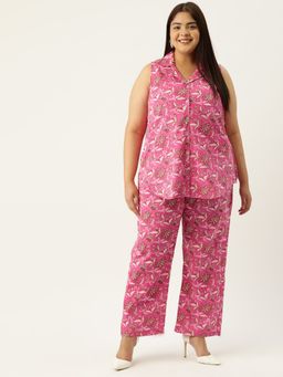 theRebelinme - Plus Size Women Fuchsia Pink Floral Print Shirt With Trouser (Set of 2)