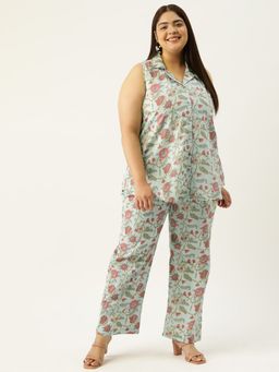 theRebelinme - Plus Size Women Sea Green Floral Print Shirt With Trouser (Set of 2)