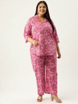 theRebelinme - Plus Size Women Fuchsia Pink Floral Print Collar Shirt With Trouser (Set of 2)