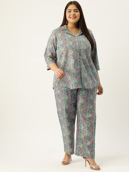 theRebelinme - Plus Size Women Grey Floral Print Collar Shirt With Trouser (Set of 2)