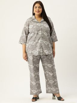 theRebelinme - Plus Size Women Grey Monotone Floral Print Collar Shirt With Trouser (Set of 2)