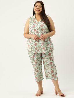 theRebelinme - Plus Size Women Sea Green Floral Print Collar Shirt With Capri (Set of 2)
