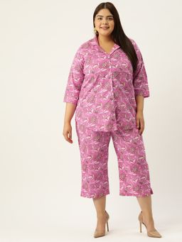 theRebelinme - Plus Size Women Fuchsia Pink Floral Print Shirt With Capri (Set of 2)