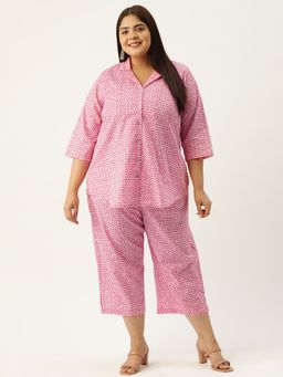 theRebelinme - Plus Size Women Pink Floral Print Shirt With Capri (Set of 2)