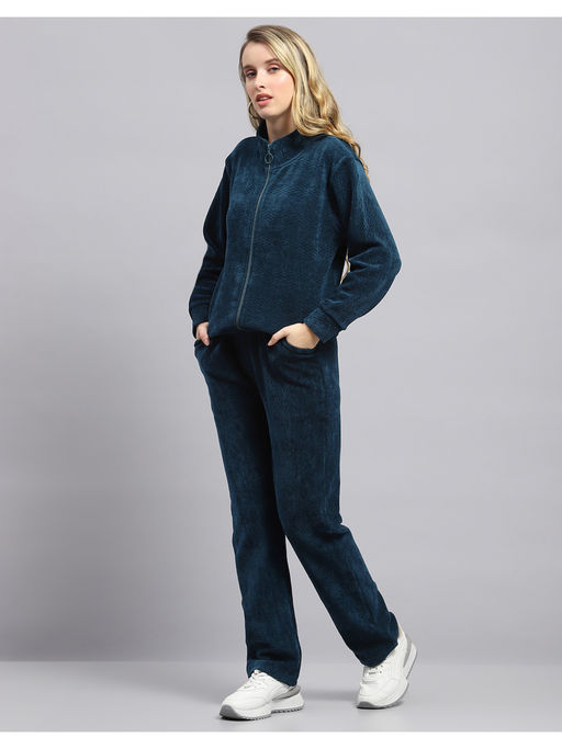 Buy Monte Carlo Womens Self Design Teal Mock Neck Full Sleeve