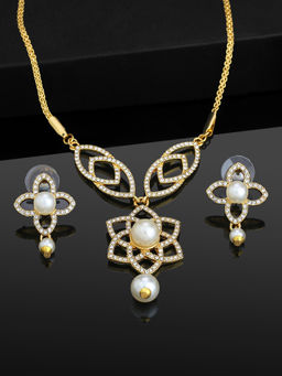 Estele - Gold Plated Flower Designer Pendant Set with Crystals and Pearl for Women