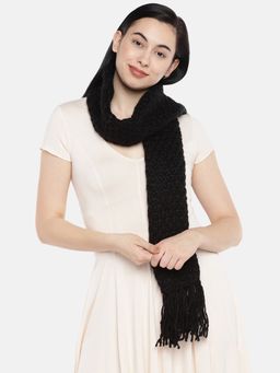 Magic Needles - Women Black Self Design Spaghetti Effect Handmade Scarf