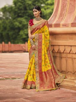 Odette - Womens Yellow Dola Silk Saree with Unstitched Blouse