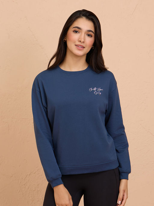 Nykd by Nykaa Cotton Terry Full Sleeve Round Neck Cozy Sweatshirt-NYLE703-Blue