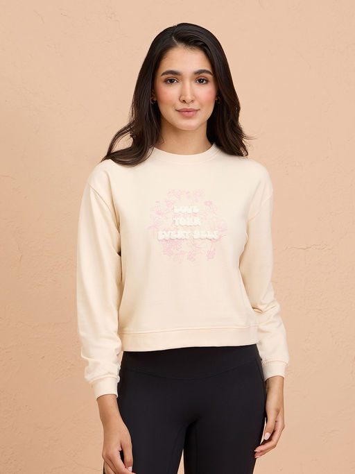 Nykd by Nykaa Cotton Terry Full Sleeve Round Neck Cozy Cropped Sweatshirt-NYLE705-Off White