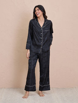 Nykd by Nykaa - Luxe Satin Button Down Pajama Set with Stylish Button Down Sleep Shirt-NYS922-Black