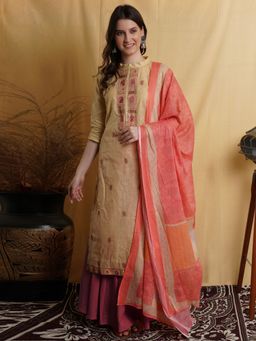 Stylee LIFESTYLE - Gold Cotton Jacquard Embroidered Dress Material (Set of 3)