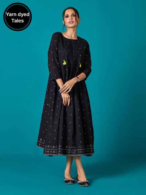Buy Likha Black Kora Cotton Yarn Dyed Midi Dress LIKDRS63 Online