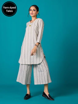 Likha - Off-White Kora Yarn Dyed Stripe Kurta with Pant LIKSKD226 (Set of 2)