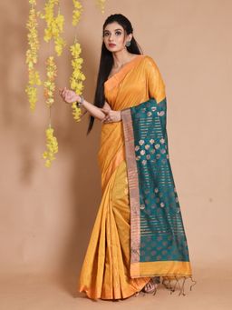 CHARUKRITI - Yellow Cotton Zari Motifs & Striped Pallu Handwoven Saree with Unstitched Blouse