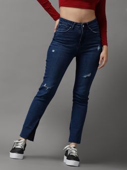 SHOWOFF - Womens High-rise Navy Blue Mildly Distressed Jeans