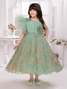 Tiny Kingdom - Net Sleeveless Shimmer Flower Pattern Fit and Flared Party Gown - Green