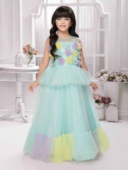 Tiny Kingdom - Net Sleeveless Flower Broach Fit and Flared Party Gown - Blue