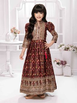 Tiny Kingdom - Silk 3/4 Sleeves All Over Printed Embellished Fit and Flared Gown - Maroon