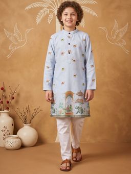 AJ Dezines - Blue Printed Straight Mid Waist Kurta & Pyjama