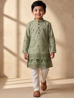 AJ Dezines - Green Floral Straight Mid Waist Kurta & Pyjama