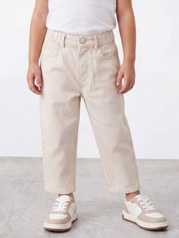 R&B - Beige Solid/Plain Straight Mid Waist Trousers