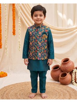 Autumnlane - Teal Embroidered Straight Mid Waist Kurta Pant With Jacket