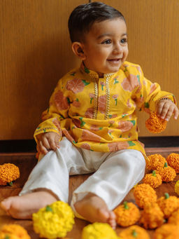 DULAAR - Yellow Floral Straight Mid Waist Kurta & Pyjama
