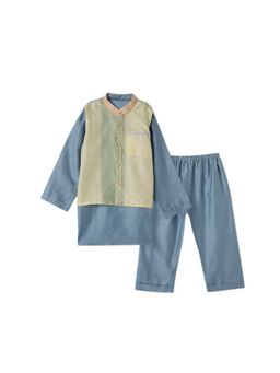DULAAR - Blue Geometric Straight Mid Waist Kurta Pyjama With Jacket