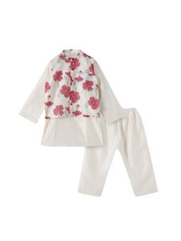 DULAAR - Red Floral Straight Mid Waist Kurta Pyjama With Jacket