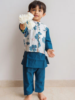 DULAAR - Blue Floral Straight Mid Waist Kurta Pyjama With Jacket