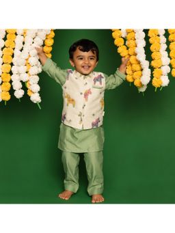 DULAAR - Green Printed Straight Mid Waist Kurta Pyjama With Jacket
