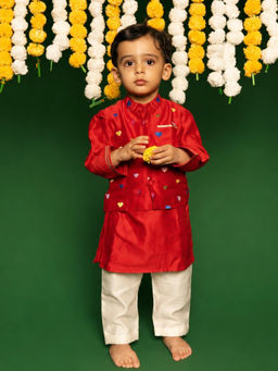 DULAAR - Red Embroidered Straight Mid Waist Kurta Pyjama With Jacket