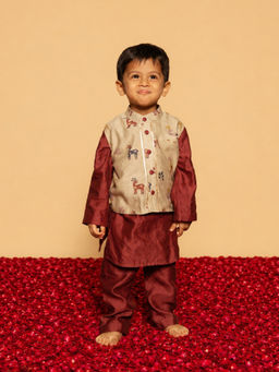 DULAAR - Maroon Printed Straight Mid Waist Kurta Pyjama With Jacket
