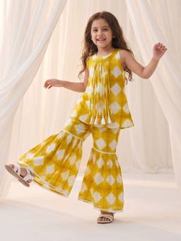 AJ Dezines - Mustard Printed Flared Mid Waist Top & Sharara