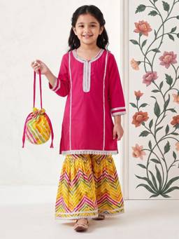 AJ Dezines - Pink Solid/Plain Flared Mid Waist Kurti Sharara With Potli Bag