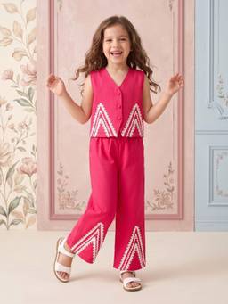 AJ Dezines - Pink Embroidered Straight Mid Waist Top & Pant