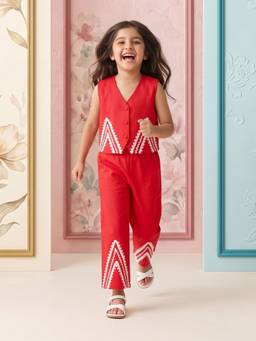 AJ Dezines - Red Embroidered Straight Mid Waist Top & Pant