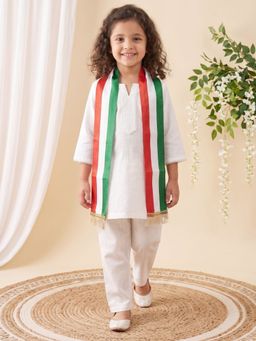 AJ Dezines - White Solid/Plain Straight Mid Waist Kurti Pant With Tiranga Dupatta