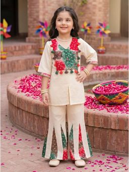 Autumnlane - Beige Mirror Work Flared Mid Waist Kurti & Sharara