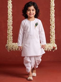 AJ Dezines - White Solid/Plain Straight Mid Waist Kurta Dhoti Pant With Mor Pankh