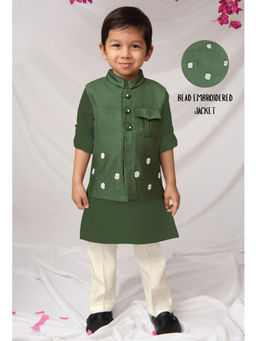 Little Collars - Green Solid/Plain Straight Mid Waist Kurta Pyjama With Jacket