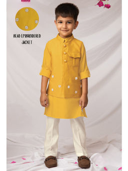 Little Collars - Yellow Solid/Plain Straight Mid Waist Kurta Pyjama With Jacket