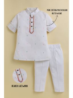 Little Collars - White Printed Straight Mid Waist Kurta & Pyjama