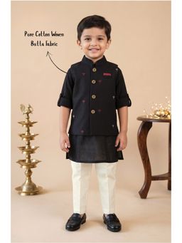 Little Collars - Black Embroidered Straight Mid Waist Kurta Pyjama With Jacket