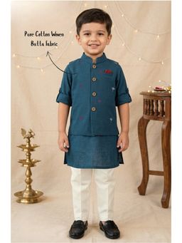 Little Collars - Blue Solid/Plain Straight Mid Waist Kurta Pyjama With Jacket