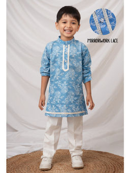 Little Collars - Blue Floral Straight Mid Waist Kurta & Pyjama